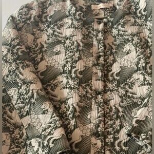 Tory Burch SZ 10 Green and Cream Patterned Blazer button-down Medieval motif